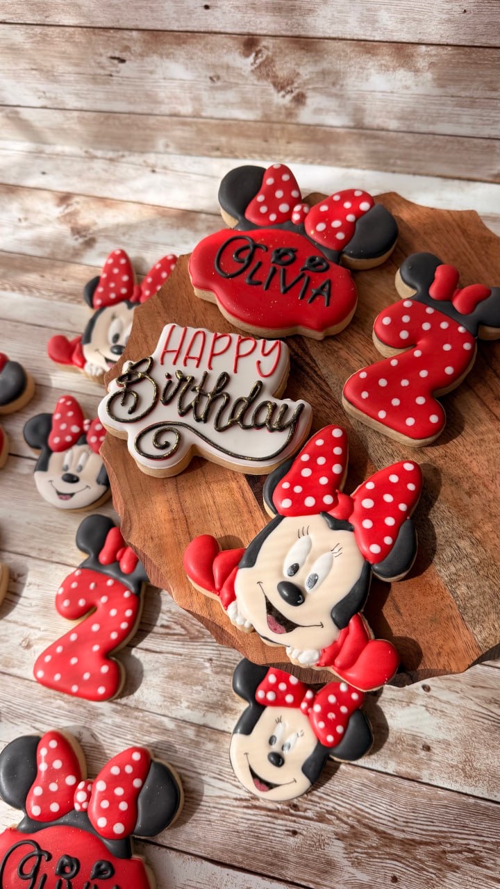 Red and black Minnie Mouse inspired birthday cookies
