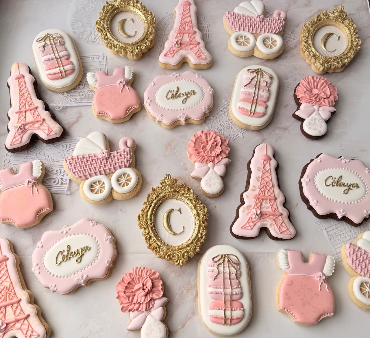 Pink Paris themed baby shower cookies